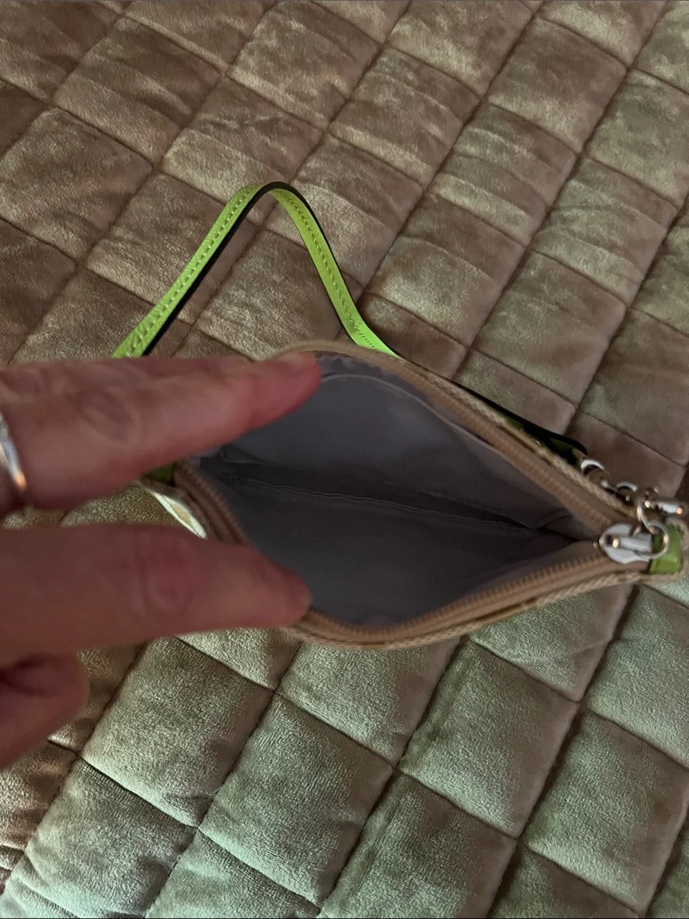 Coach Khaki Jacquard Wristlet with Lime Trim